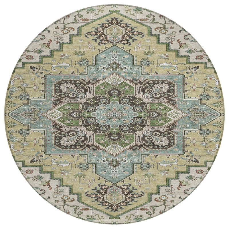 Tapis rond 8 po beige et vert