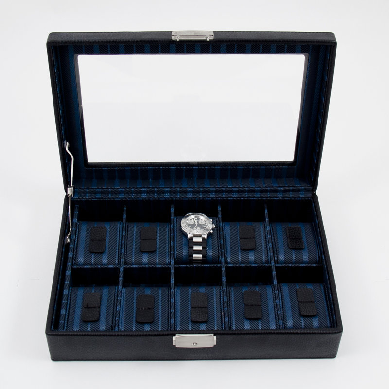 Black Leather Rectangular Locking Watch Case with Glass Top