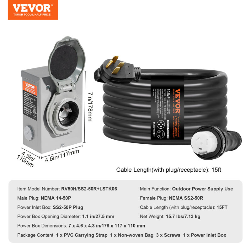 VEVOR 50 Amp Generator Cord and Power Inlet Box Kit