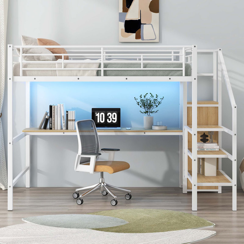 Lit mezzanine double en métal avec bureau, escalier de rangement, petite armoire et lumière DEL, Blanc