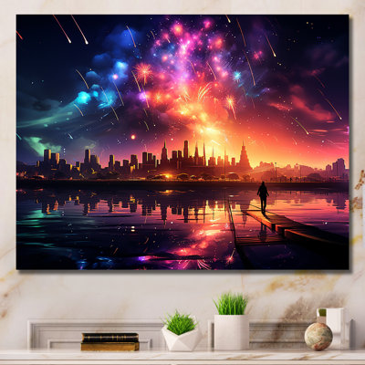 Feux d'artifice colorés au-dessus de la ville la nuit I - Art mural