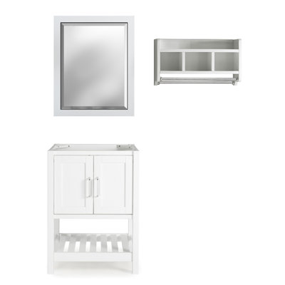 Alaterre Furniture Bennet 3pc Wooden Bathroom Vanity Set with 24"L Bathroom Vanity With Storage, 30"L Rectangular Mirror, and A 25" Wide Wall Shelf With 2 Towel Rods, White