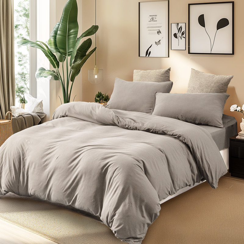 Ensemble de housse de couette en coton jersey, Housse de couette pour grand lit + 2 taies décora, Gris crème