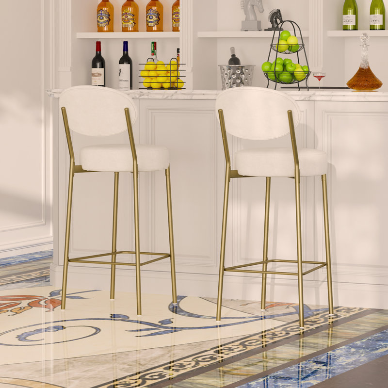 Upholstered Bar Stools Velvet Counter Stool with Backrest & Footrest Set of 2 Round Dining Chairs for Kitchen, Off White