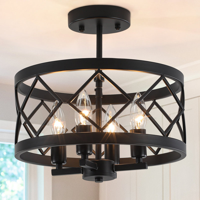 4-Light 12.6"W Dimmable Modern Industrial Drum Semi Flush Mount Farmhouse Round Ceiling Light Fixture for Kitchen Island Foyer Dining Room