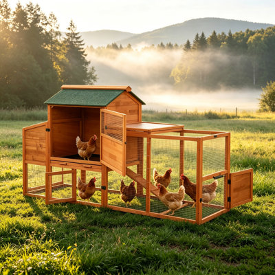 Grand poulailler en bois avec roues, poulailler d'extérieur résistant aux intempéries avec nichoir, plateau amovible et fil résistant aux prédateurs, capacité de 6 poulets