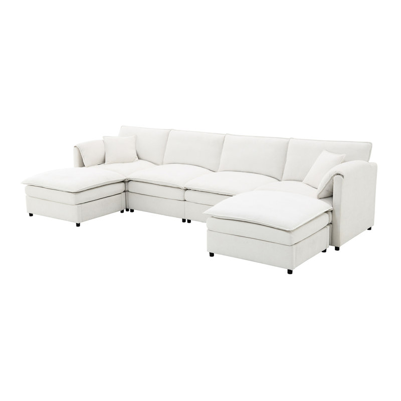 Chenille 6 places en forme de U avec coussins doubles et repose-pieds mobiles, éclat de salon, housse de lit en tissu crème, doux