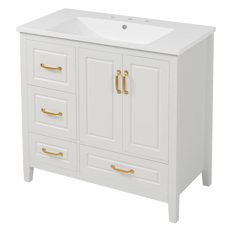 Meuble-lavabo 36 po avec lavabo, une armoire avec portes à fermeture douce, 4 tiroirs à fermeture douce, poignées en métal, blanc