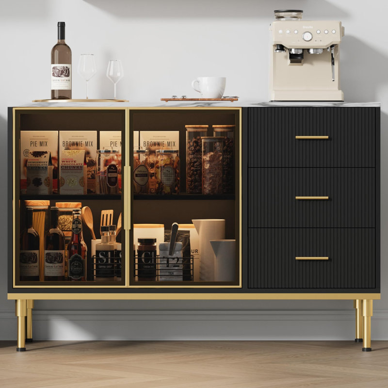 46.4" Fluted Buffet Sideboard Cabinet with Glass Doors, 3 Drawers & Faux Marble Top for Dining Room, Black