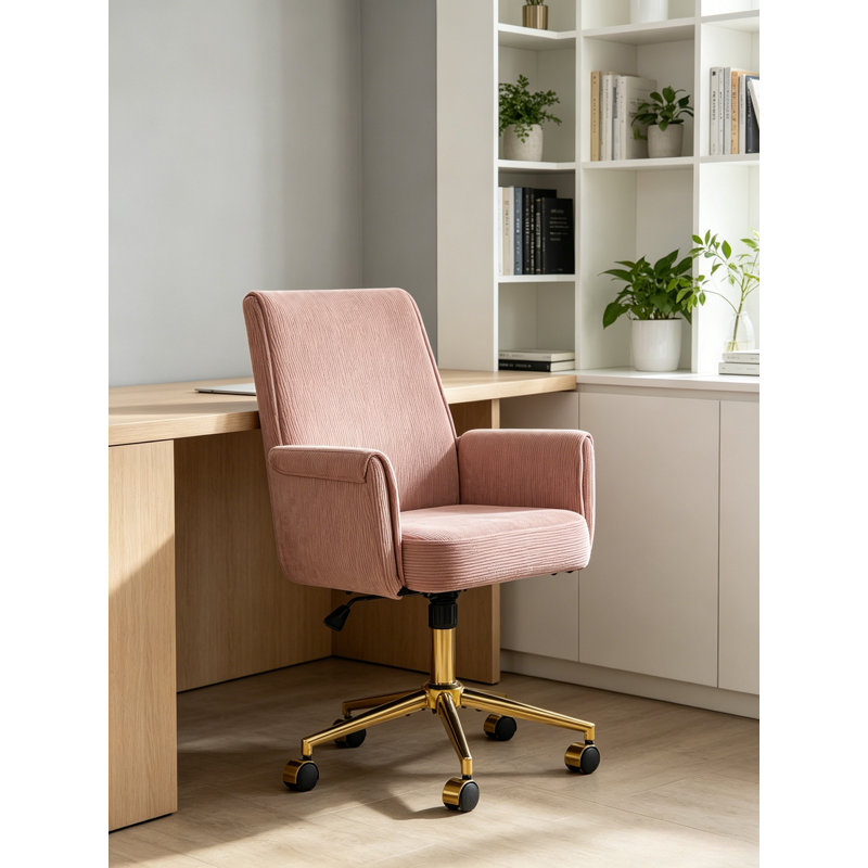 Fauteuil de bureau ergonomique pivotant à dossier moyen, fauteuil de bureau confortable en velours côtelé, Rose