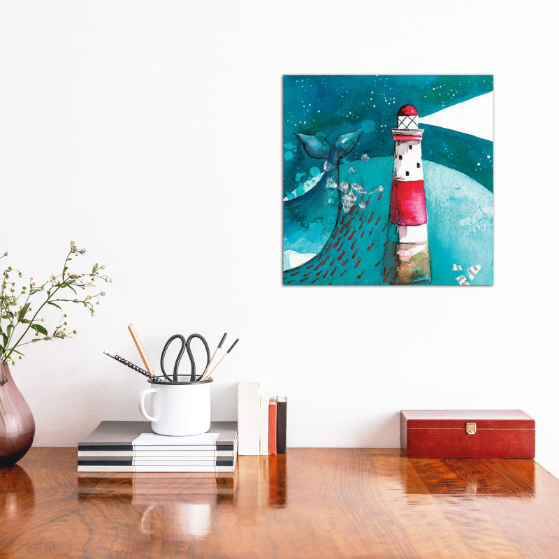 Baleine avec phare - impression, Pas de tapis, Toile tendue, H 12 po x l 12 po x P 1,5 po