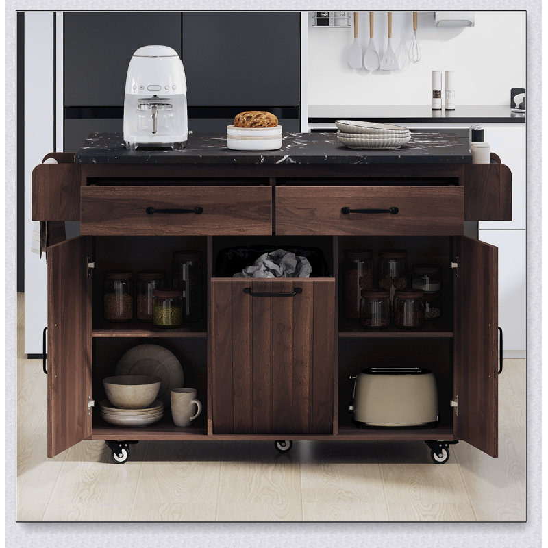 Versatile Rolling Kitchen Island with Trash Can Storage, Drop Leaf, Spice Rack, Towel Rack, and Drawer for Efficient Space Utilization
