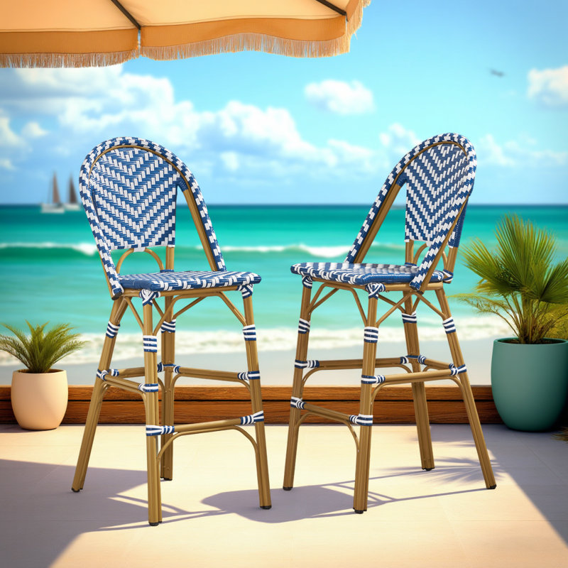 Tabourets de bar french (ensemble de 2) - 29,5 po en rotin PE bleu marine et blanc - structure en aluminium avec finition en bambou
