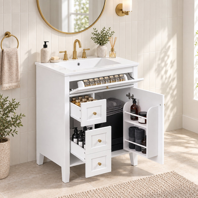 Meuble-lavabo simple de 61 cm (24 po) avec lavabo en céramique, rangement basculant, 2 tiroirs et porte d'armoire à fermeture amortie