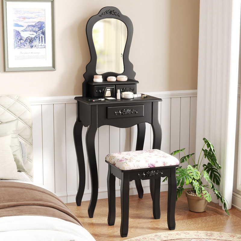 Ensemble coiffeuse avec tabouret et miroir Cindy, Noir