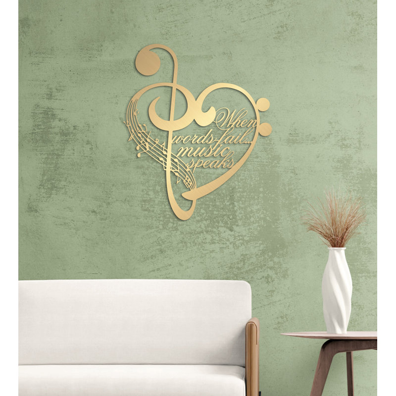 Metal Notes and Heart Wall Art, When words fail music speaks, Metal Wall Decor for Musician Gift, Matte Gold