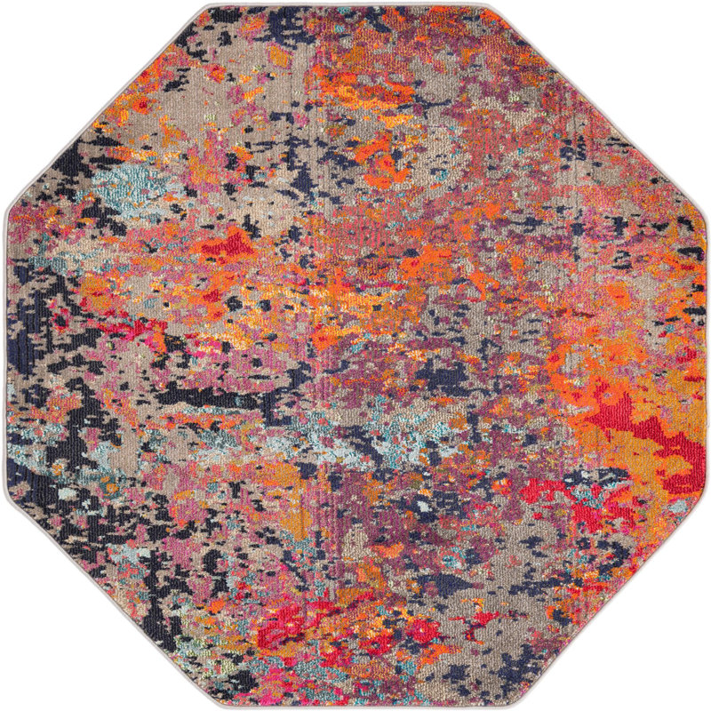 Washable Abstract Indoor Rug, Octagon 5'3" x 5'3"