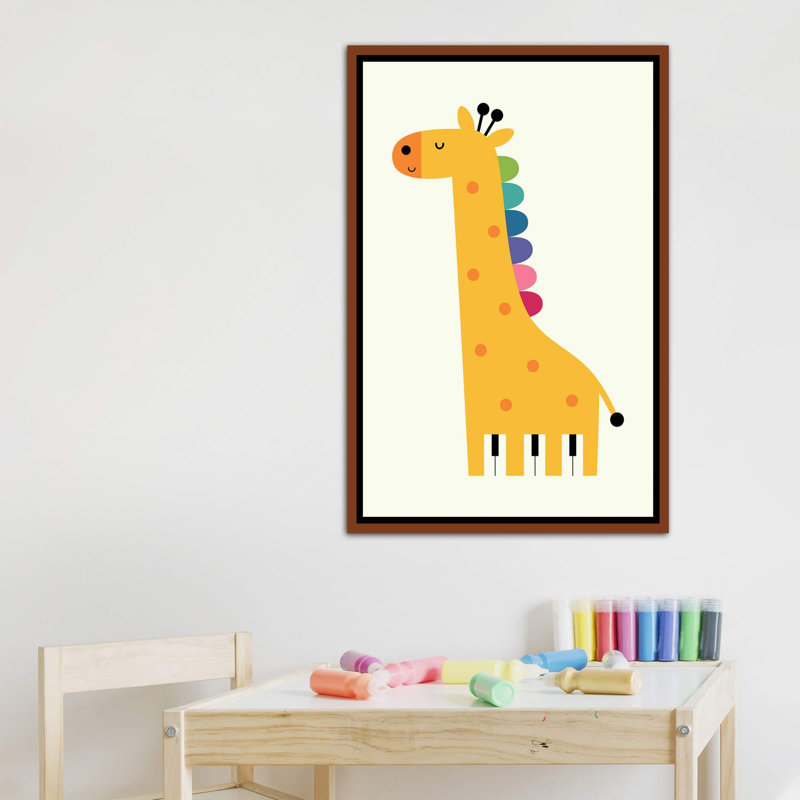 Girafe Piano par Andy Westface - impression d'art graphique, Pas de tapis, Toile avec cadre en bois brun