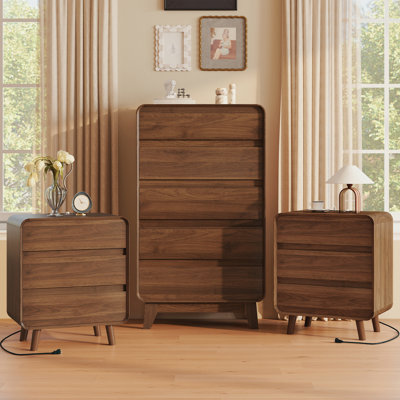 Dresser and Night Stand Set of 2, Tall Walnut Dresser , Bedroom Set, Bed Side Table Set of 2