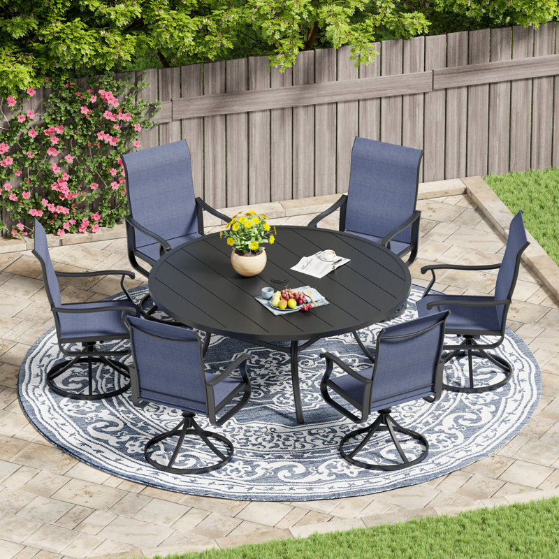 Patio Dining Set with 53” Round Extra Wide Dining Table and 6 Swivel Chairs, Black/Navy