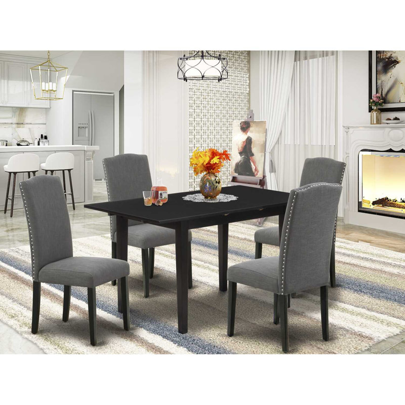Rectangular Solid Wood Top With Butterfly Leaf Dining Table Set, Black, 5 Pieces: 1 Table, 4 Chairs, Dark Gotham Grey
