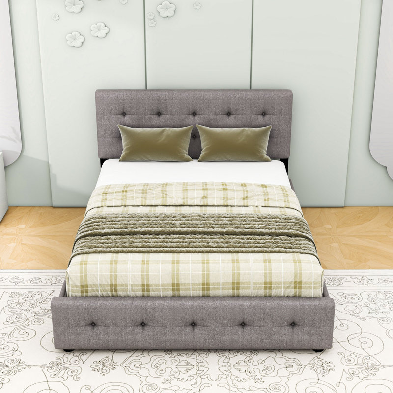 Grand lit plateforme tapissier avec tête de lit capitonnée, lit simple TG et deux tiroirs, Gris clair