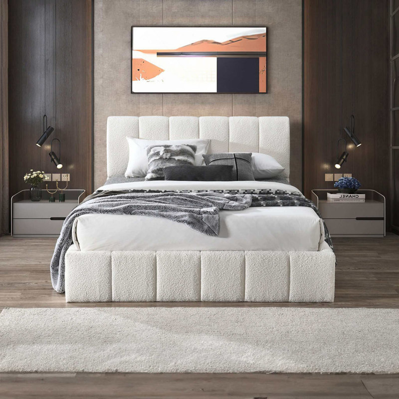 Grand lit plateforme Hilar White Boucle, Queen
