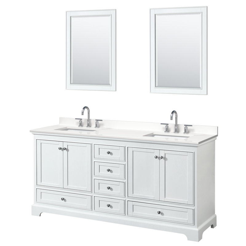 Meuble-lavabo double autoportant Deborah avec plateau en quartz, Quartz blanc, Blanc, Noir mat