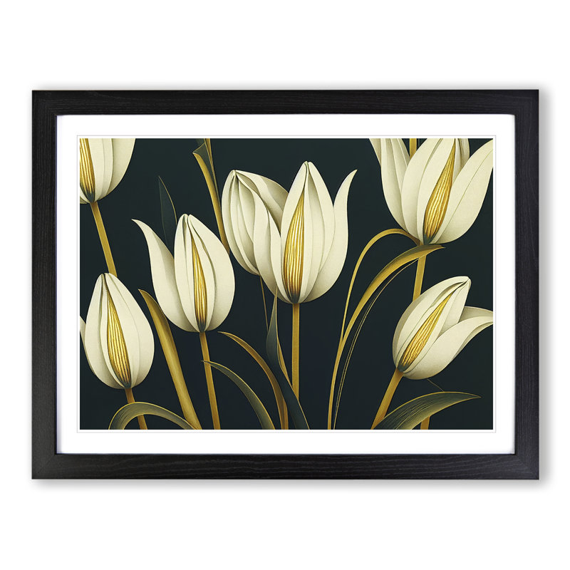 Art Deco Tulip Flowers Vol.1 - Single Picture Frame Print, 46cm H x 64cm W x 2cm D, Black Framed