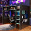 Lit mezzanine simple avec bureau intégré et lumières, cadre de lit en bois moderne avec bureau et station de charge intégrée, noir et bleu-130120458-130120457