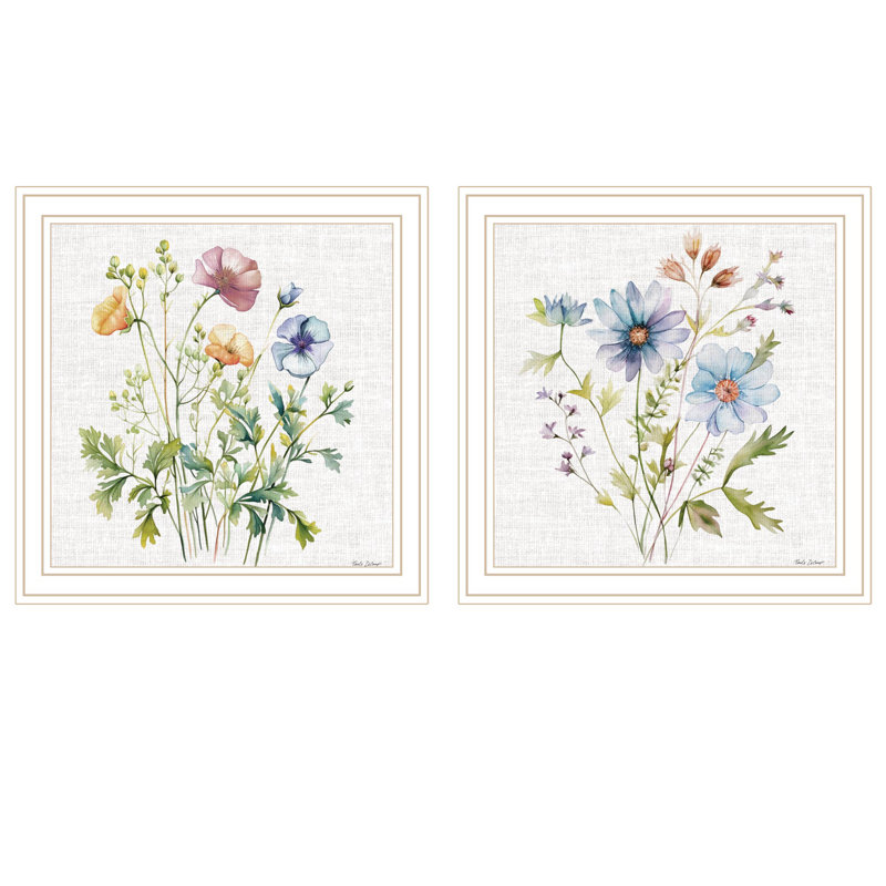 «Floral Botanical I & II», vignette 2 pièces par Nicole Decamp, reproduction encadrée, cadre blanc