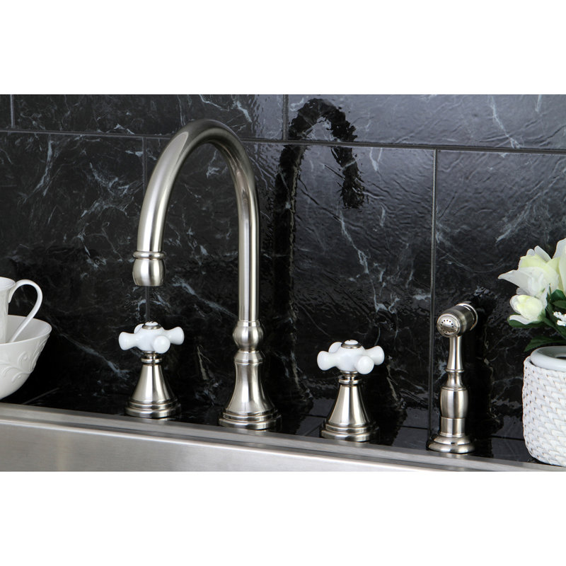 Kingston Brass Governor Double-Handle 4-Hole Widespread Kitchen Faucet with Brass Sprayer, Brushed Nickel
