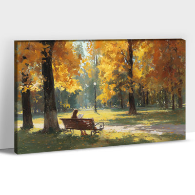 Grande toile murale, banc de parc, lecture de photos, printemps, affiche de peinture de paysage pour le salon, la chambre à coucher, le couloir, le bureau prêt à être suspendu, 28 po x 40 po