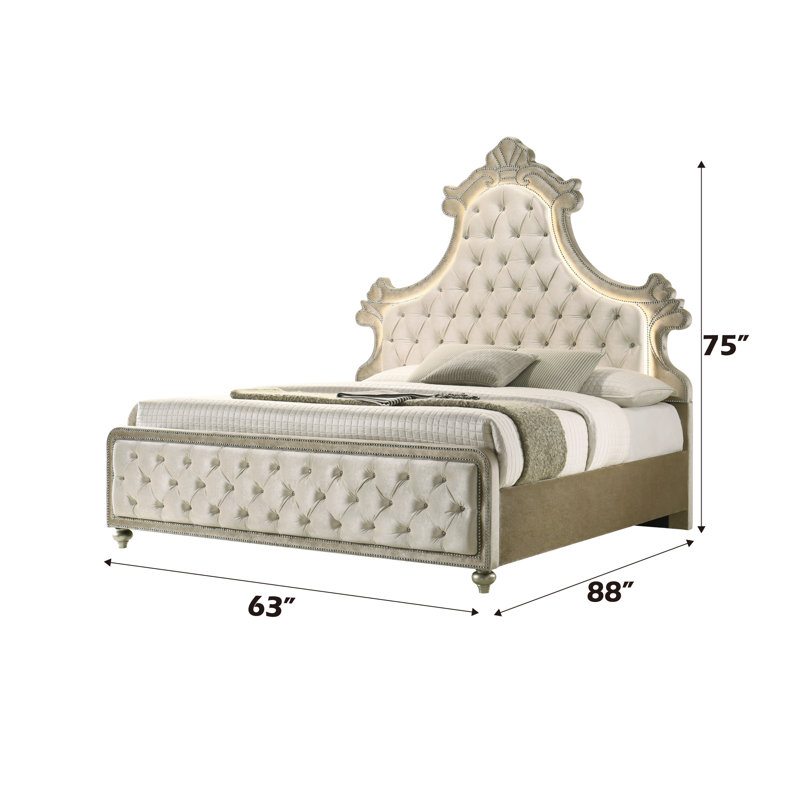 Beige Velvet Queen Bed with Tufted Headboard and LED
