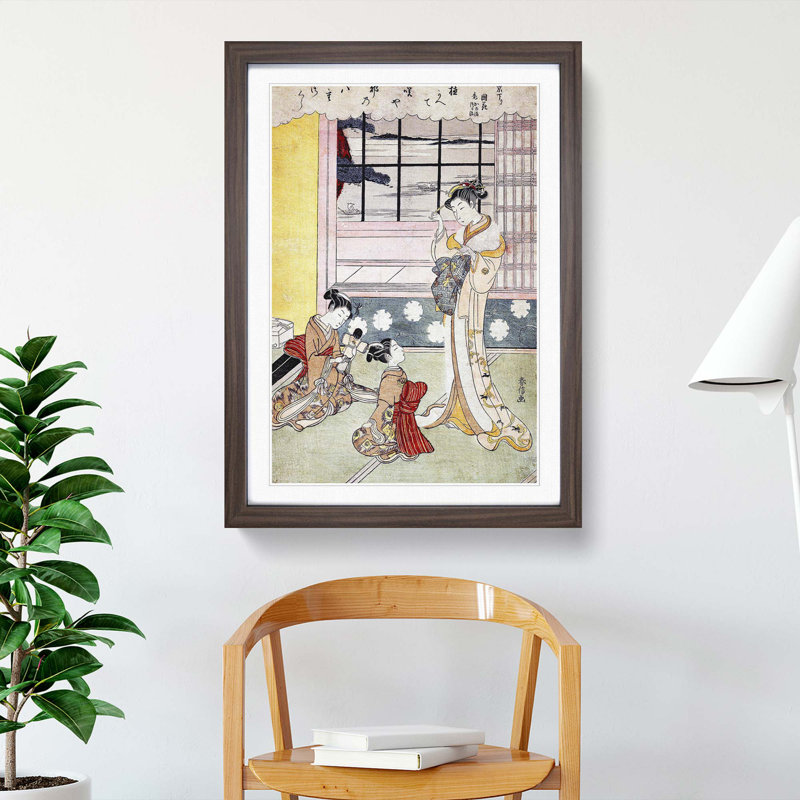 Window Opening Toward the Sea by Harunobu Suzuki - Picture Frame Painting Print, 36cm H x 27cm W x 2cm D, Walnut Framed