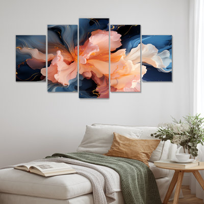 Blooming Pastel Pink On Royal Blue - Liquid ink Abstract Wall Art Set 5 Piece -  Design Art, PT92491-373
