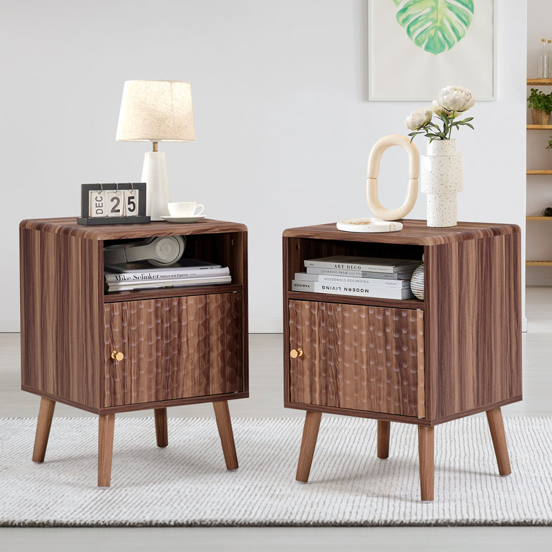 Modern Wood Nightstand with cupboard and open shelves(set of 2), Brown