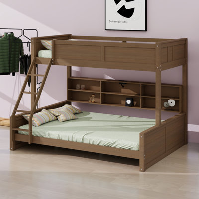 Pine Wood Bunk Bed With Storage Cabinets,Shelves, Ladder, Guardrails And Charging Station
