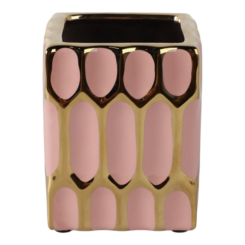 Organisateur de bureau décoratif géométrique pour le rangement de la salle de bain - Accessoire de bureau moderne et chic convenant à la chambre à coucher, la cuisine ou la salle à manger - 4 po, rose / or