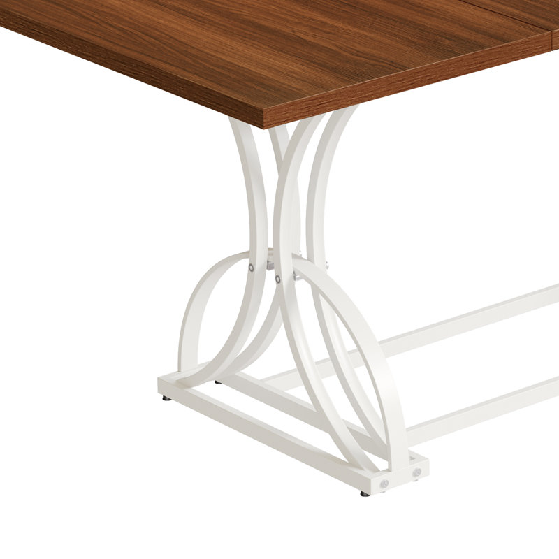Table de salle à manger 70 "à base en métal, table de salle à manger pour 6 à 8 personnes, Blanc, Bois brun