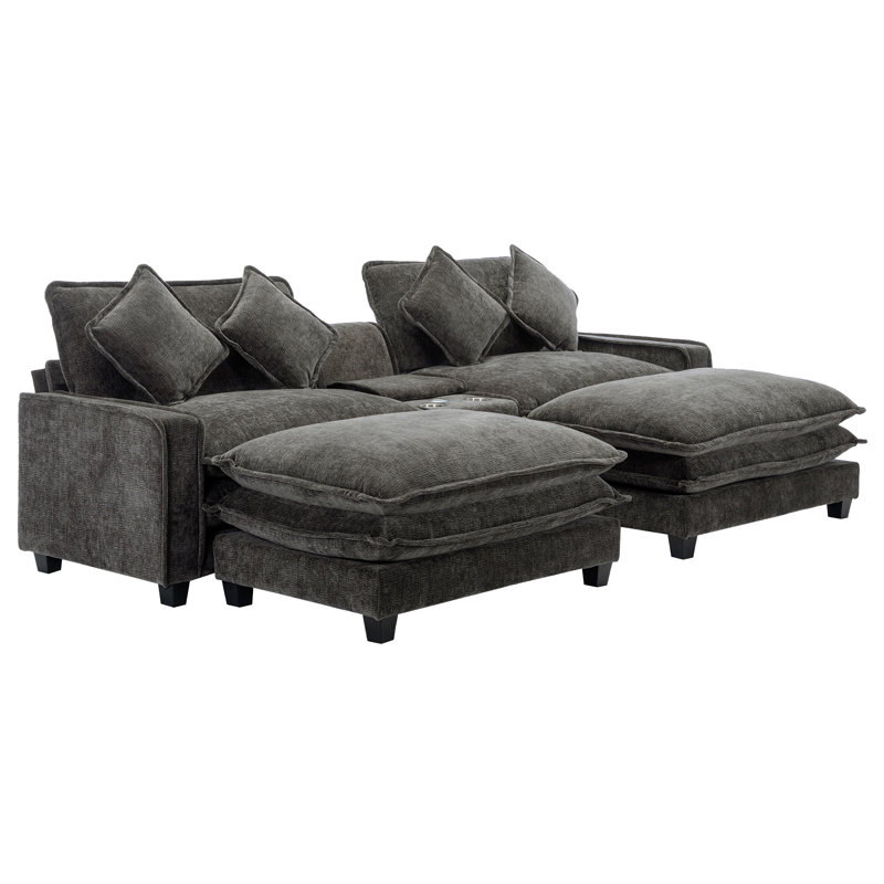 111" Sectional Sofa Chenille Upholstered Sofa With Two Removable Ottoman, Gray Chenille