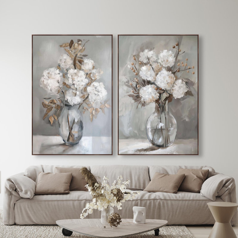 Oliver Gal Ghostly White Flower Set Floral and Botanical - Heavy Gel Top Coat Framed Canvas Art, Brown, 55" H x 37" W