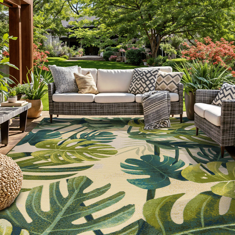 Monstera Palm Leaf Indoor/Outdoor Area Rug, Green Botanical Patio Rug, Rectangle 7'10" x 10'6"