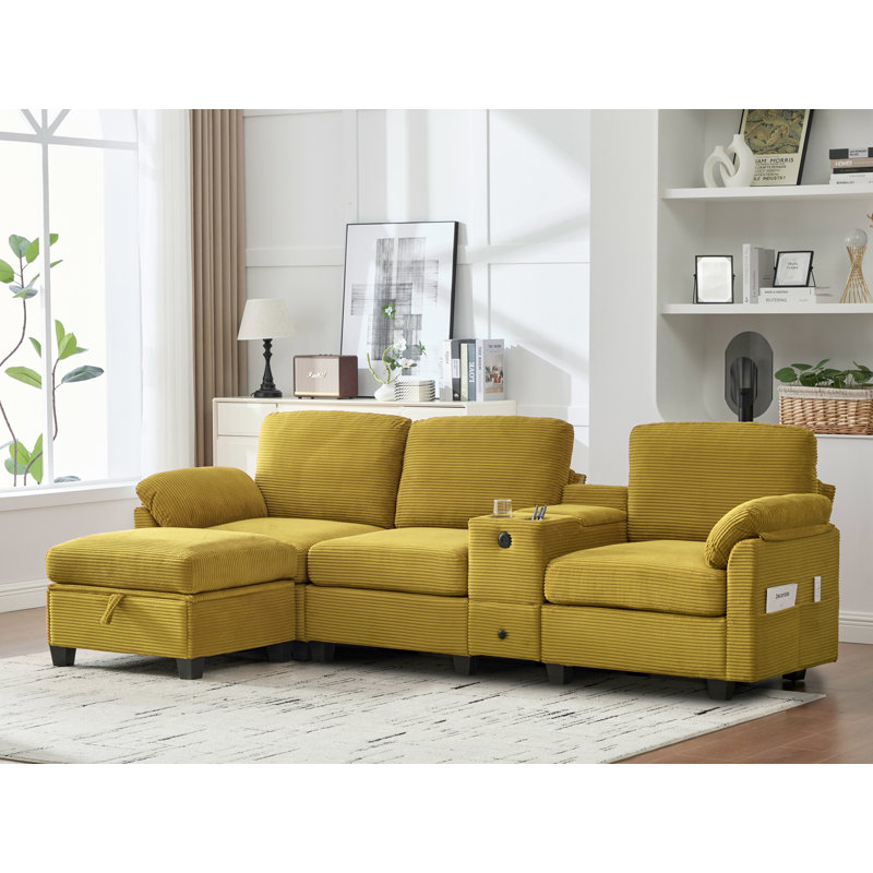 Canapé modulaire avec repose-pieds, Velours côtelé jaune