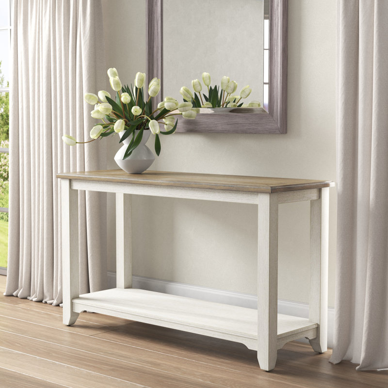 Console en bois massif de 52 po Odum, Plateau en bois / base blanc doux