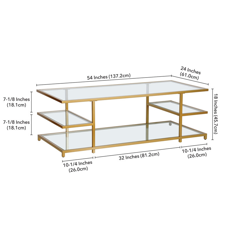 Table basse en acier et verre 54 "avec trois tablettes Greenwich, Laiton