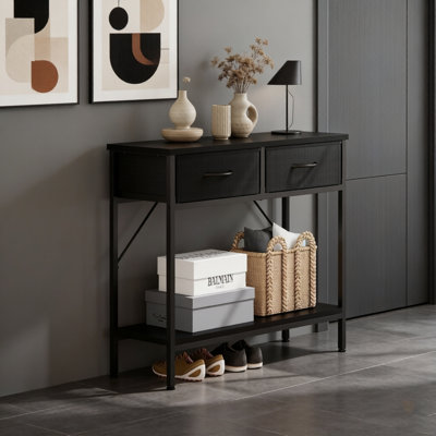 Console 2 tiroirs en tissu noir avec tablette ouverte et rangement pour chaussures pour le couloir, le salon, la chambre à coucher et le vestibule