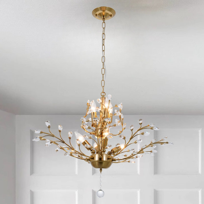 29.5" 7-Light Branch & Floral Crystal Chandelier, Antique Bronze Iron Crystal Pendant Light for Living Room Dining Room Foyer