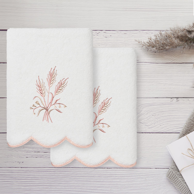  Ensemble de serviettes 100% coton festonné 100% coton WHITNEY, Blanc / Rose, Essuie-mains - paquet de 2