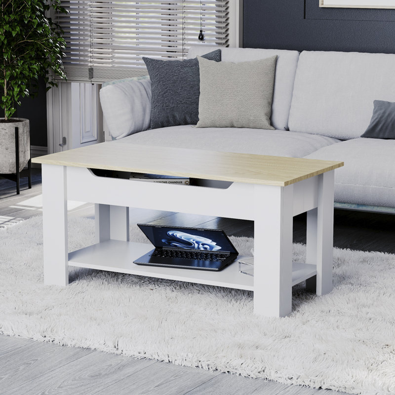 Anavictoria Lift Top Four Leg Coffee Table with Storage, Oak, White